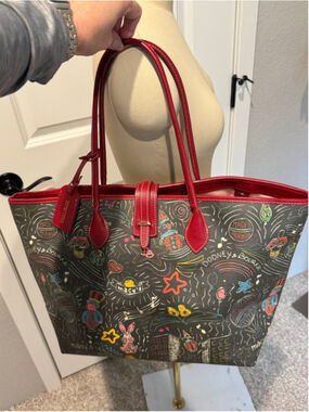 Dooney & Bourke Gray Tote with Red Trim and Multicolor Print